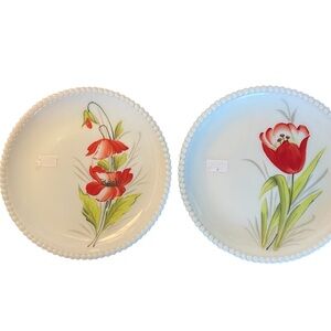 Serving plates made of Milk Glass beaded edge Westmoreland brand Hand Painted
